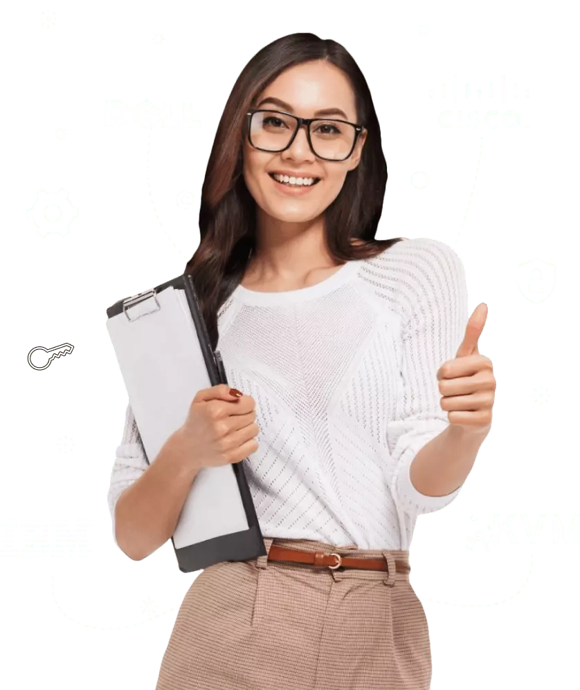 Kobieta z ikonami Dell, KVM, Cisco oraz IBM polecająca usługi k.pl